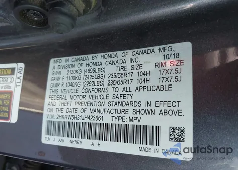 2018 Honda Cr-V Lx из США, поврежденный, VIN 2HKRW5H31JH423661